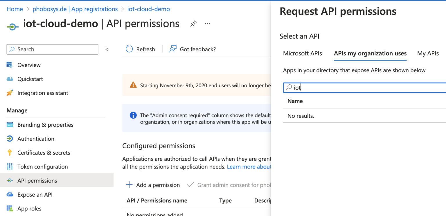 iot central api permissions